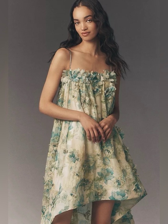 Anthropologie Dresses & Skirts - Anthropologie BHLDN Cream and Blue-Green Floral Spaghetti-Strap High-Low Dress
